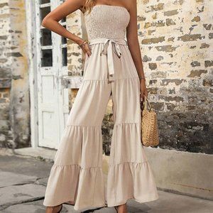 Ruffle Hem Belted Tube Jumpsuit